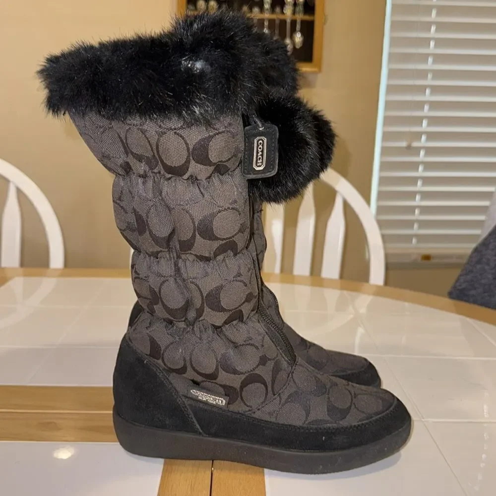 Coach Theona Jacquard Rabbit Fur Trim Zip Up Boots Size 5 1/2 B